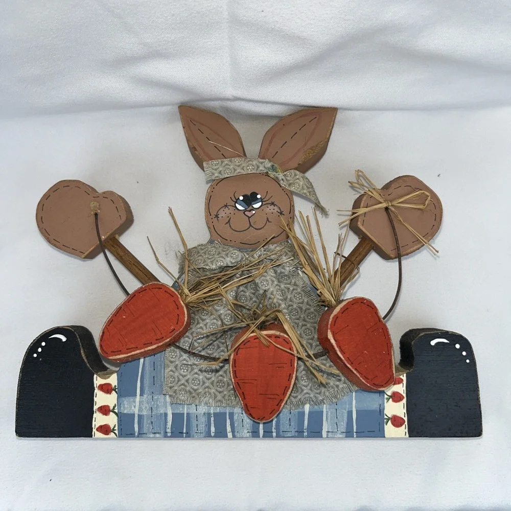 Vintage WOOD Easter Bunny Rabbit Carrots‎ RUSTIC RARE Primitive Hanging Decor 6